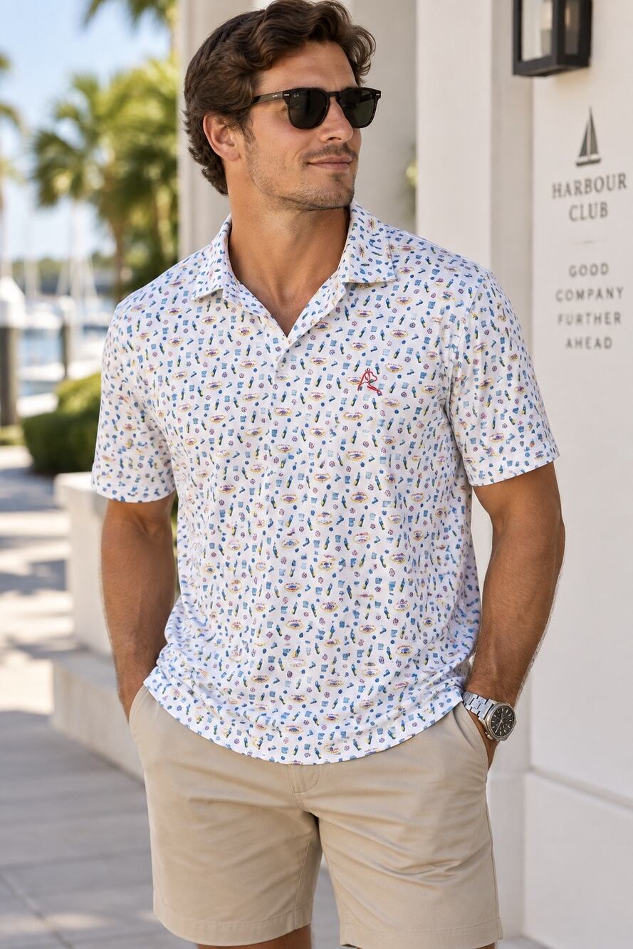 Rhoback Printed Short Sleeve Collared Performance Golf Shirt White Blue Mens XXL